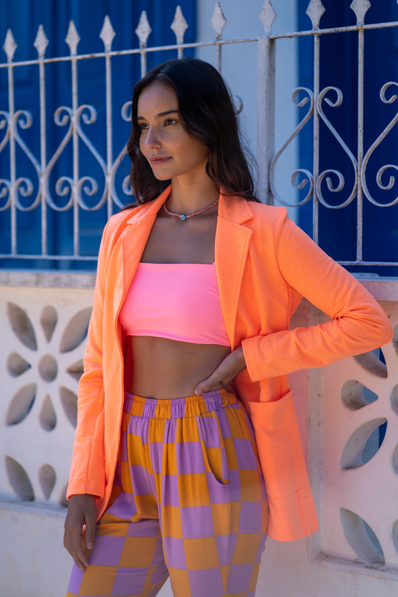 Calça Quadriculada Rosa + Laranja