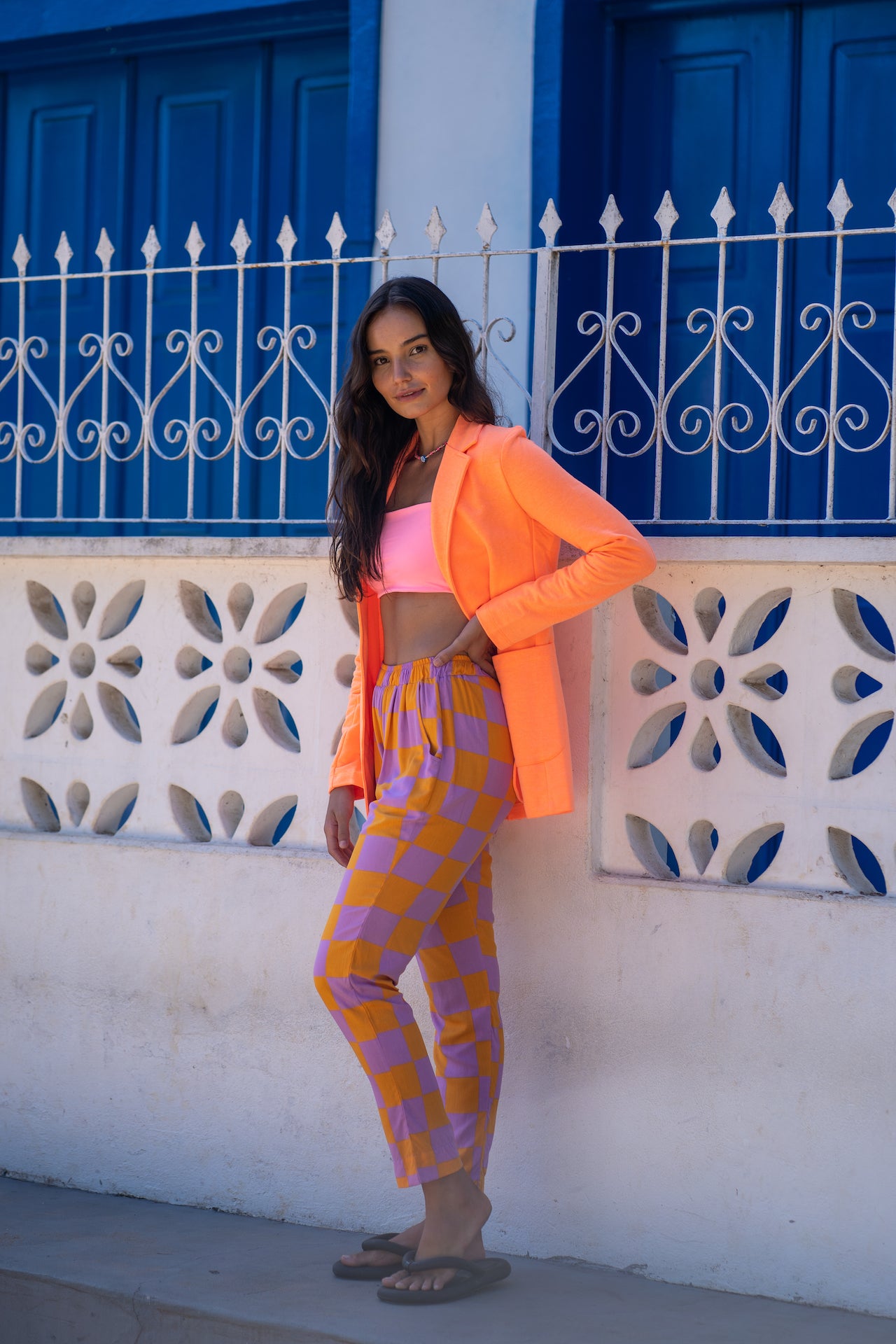 Calça Quadriculada Rosa + Laranja