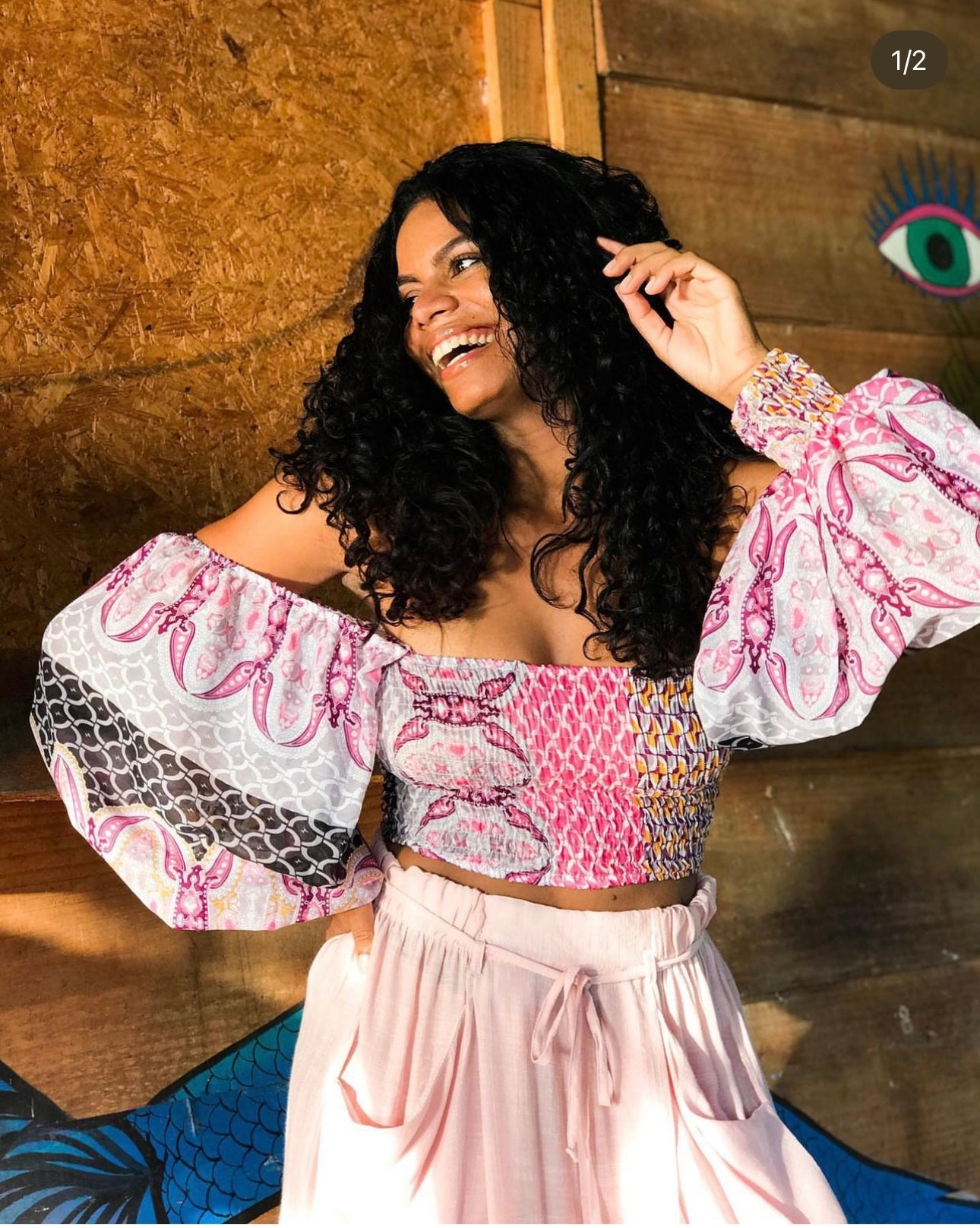 cropped lastex manga bufante estampada